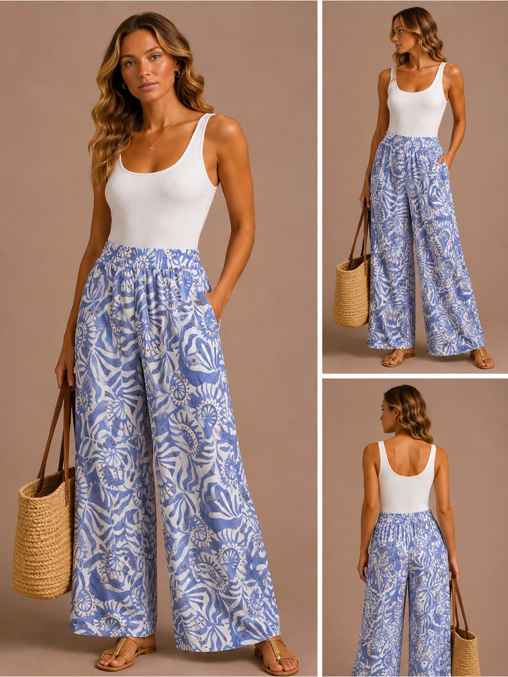 Nicole Miller Blue & White Wide-Leg Printed Pants